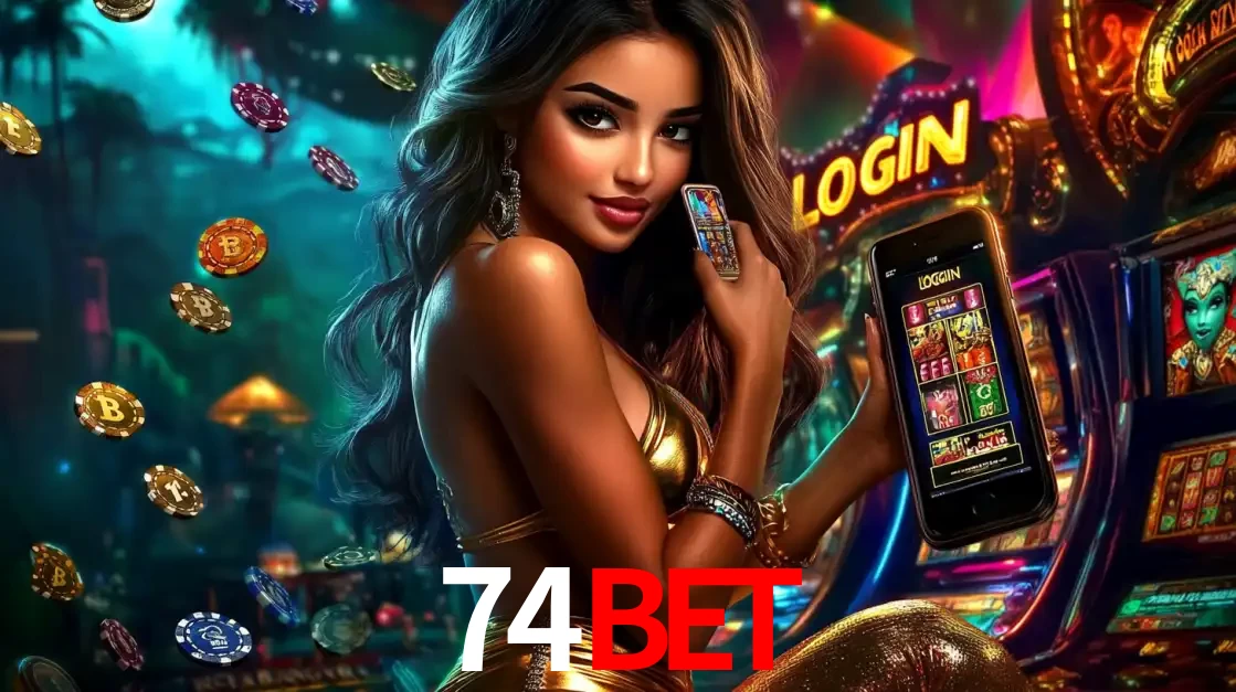 Mulher em um cenário de cassino temático de aventura, mostrando o app de caça-níqueis da 74bet no celular. Fichas de apostas flutuam ao redor.