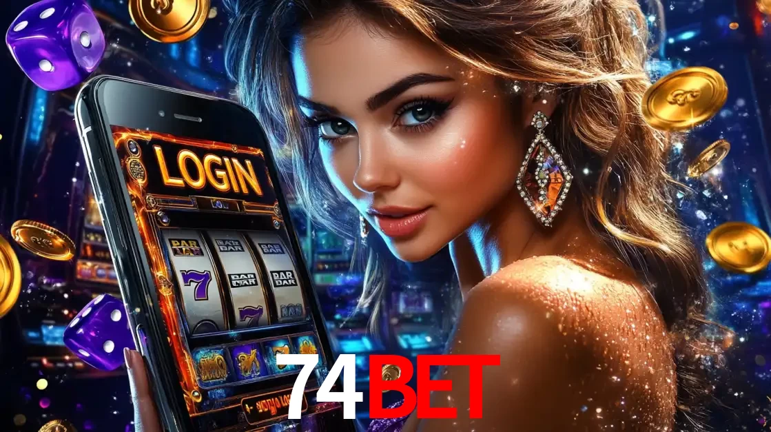 Mulher glamorosa segurando um smartphone com a tela de login para os jogos de caça-níqueis do cassino online 74bet, com moedas de ouro e dados ao redor.