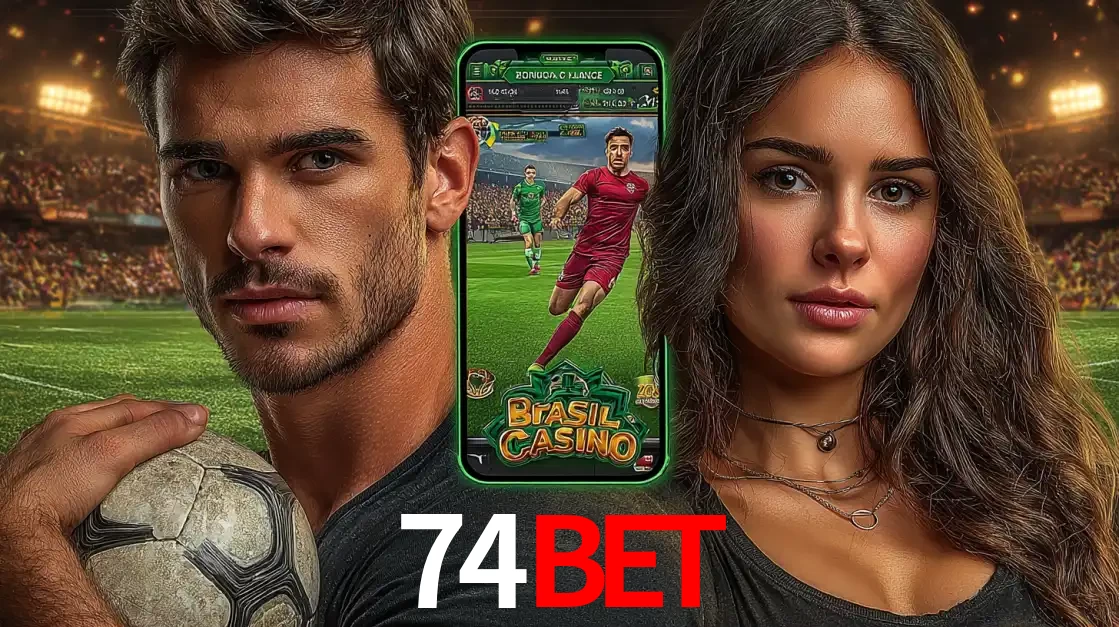 Homem segurando uma bola de futebol e uma mulher ao lado de um smartphone exibindo o jogo de apostas esportivas da 74bet. Faça seu palpite no cassino online.